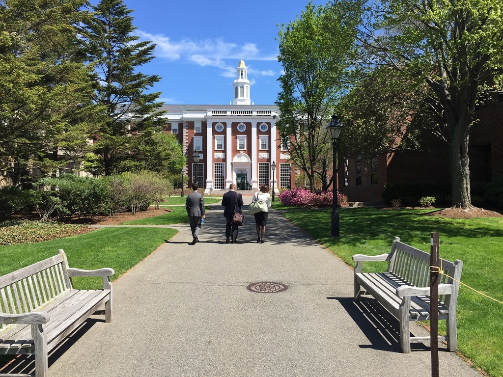 A woman and two men, all wearing suits, walk toward Harvard Business School.