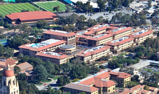 An aerial view of the new Knight Management Center at Stanford