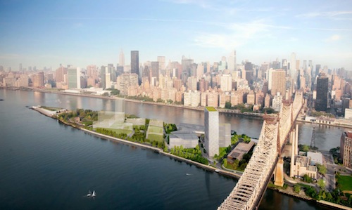 An artist's rendering of Cornell Tech's New York City campus to be built on Roosevelt Island