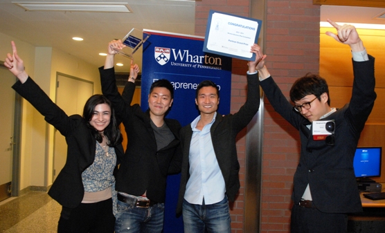 The Slidejoy team celebrates winning the 2014 Wharton Business Plan Competition. ( left_Diana Kattan Jaeho Chung Robert Seo Sanghoon Kwak