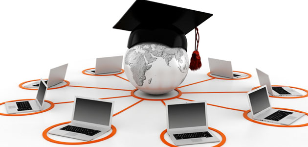 An image of a globe with lines branching out to laptops organized in a circle around it, representing online education moocs
