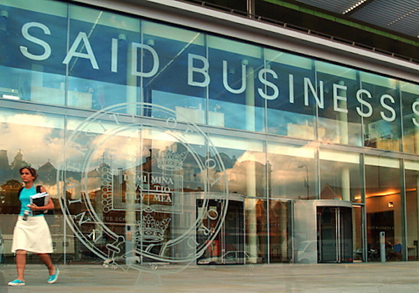 Glass-walled front of Said Business School at Oxford University