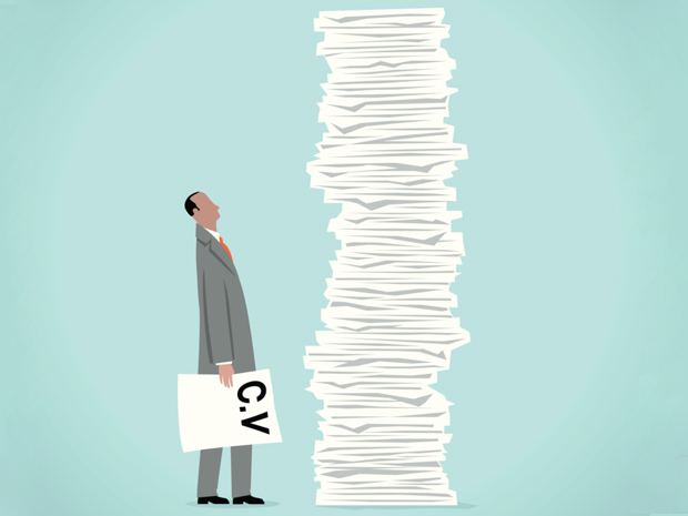 Cartoon image of a man wearing a suit looking up at a stack of resumes that is taller than he is.
