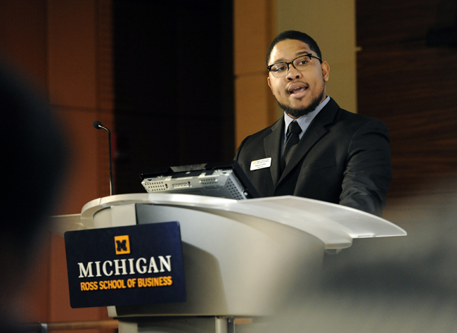A first-year MBA at Michigan's Ross fields questions from journalism fellows during the Leadership Crisis Challenge. Courtesy photo