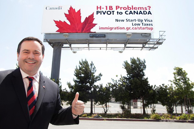 Former Canadian immigration minister Jason Kenney  in front of Canadian government billboard near Silicon Valley