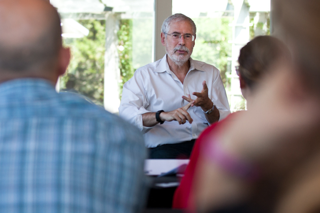 Business school professor Steve Blank at a workshop in his California living room - Ethan Baron photo 