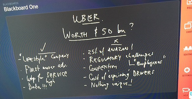 A digital blackboard shows Professor Anand's notes for a mock class on Uber