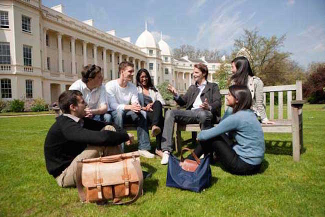 Students gather on the campus of the London Business School