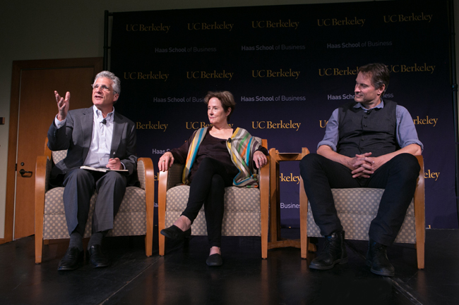 The Sustainable Food Entrepreneurship panel at UC-Berkeley Haas School of Business. Pictured from left to right are Will Rozensweig, Alice Waters and Claus Meyer. Photo by Bruce Cook