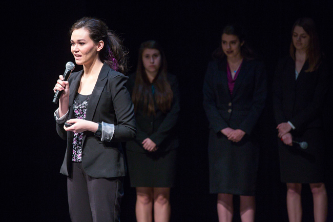 Jasmine Anglen presents the pitch for her group, All Walks, as part of the ASU Spark Tank startup pitch event for the Pakis Social Entrepreneurship Challenge on Thursday, Feb. 4, 2016, at the Galvin Playhouse. The group produces an educational curriculum to help survivors of sex trafficking so they donít return to a life of abuse. All Walks won the $20,000 prize and mentorship. Photo by Charlie Leight/ASU Now