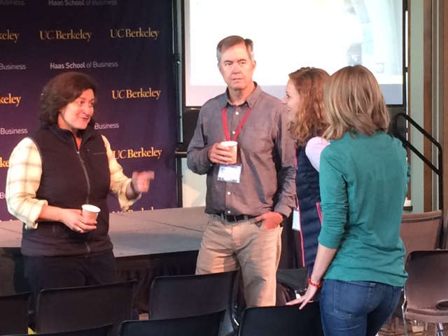 Patagonia CEO and President, Rose Marcario (left) and COO, Doug Freeman (center) speak with members of the University of Michigan team during the first annual Patagonia Eco Innovation Case Competition at the UC-Berkeley Haas School of Business