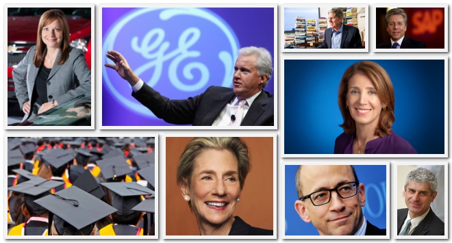 Graduation 2016: An all-star lineup of executive talent will deliver commencement addresses at business schools, including GM Chairman & CEO Mary Barra (top left) at Stanford, GE Chairman & CEO Jeffrey Immelt at NYU Stern, Bridgespan CEO Tom Tierney at Harvard Business School, SAP CEO Bill McDermott at Kellogg, former Oglivy & Mather CEO Shelly Lazarus at Columbia, Alphabet CFO Ruth Porat at Wharton (right center), former Twitter CEO Dick Costolo at Duke, and Invenergy CEO Michael Polsky at Chicago Booth