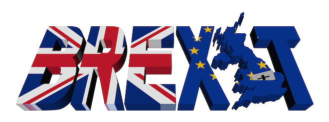 Brexit text with British and Eu flags illustration