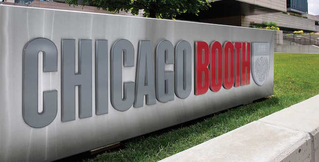 University of Chicago Booth School of Business logo sign at the Harper Center