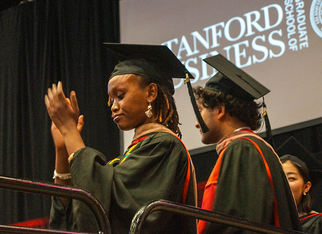 A student getting ready to be awarded her diploma at Stanford GSB's Class of 2017 Commencement. Seed Stanford Executive Director