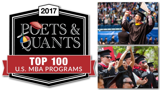 Logo of Poets&Quants Top MBA Programs, Students in caps and gowns cheering.