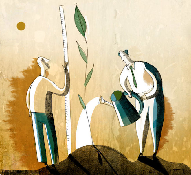 Illustration of two men tending to a sprouting vine.