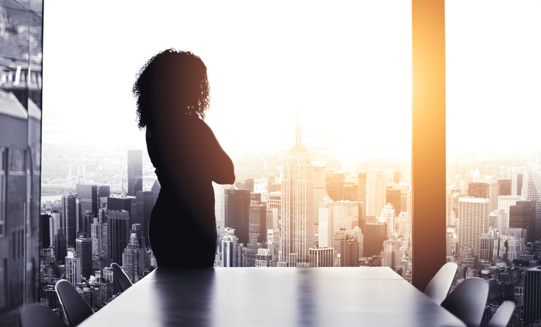 Silhouetted shot of a young businesswoman looking at a cityscape from an office window.