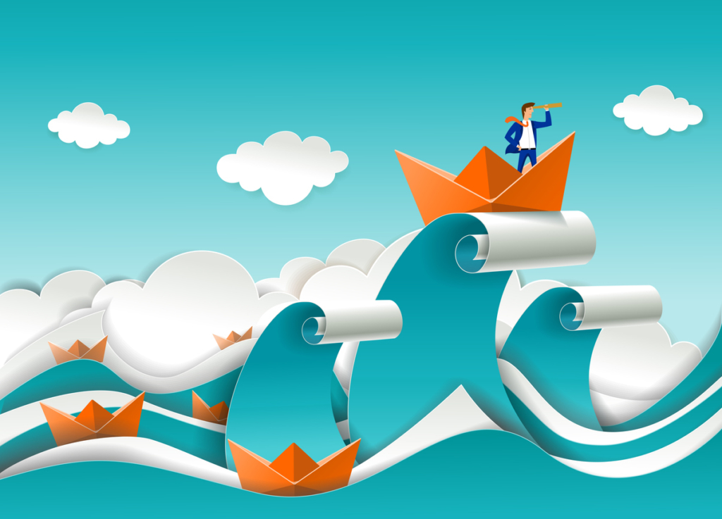Business leader concept vector poster in paper art origami style. Businessman looking through telescope standing in boat on the top of ocean wave.