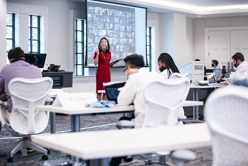 A classroom at the Jones Graduate School of Business at Rice University. Rice Jones, like other business schools across the country, scrambled to respond to the omicron variant.