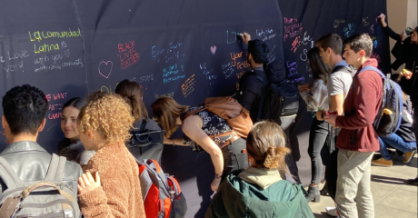 Students and faculty of Stanford Graduate School of Business gathered for class walk-out and rally outside the Wall of Change on February 25. Courtesy photo