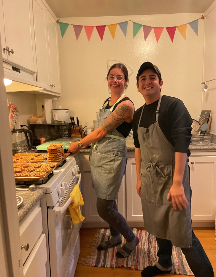 Jude Watson, left, makes sweet potato flour waffles with fellow Haasie Alex Angarita for their Lean Launch Pad entrepreneurship class. 